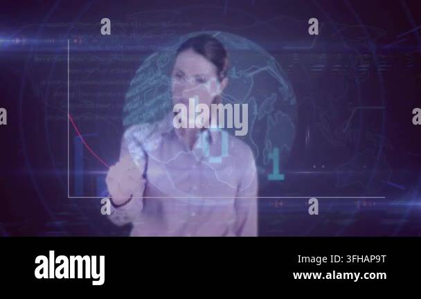 Animation of digital screen with graph and globe over caucasian woman ...