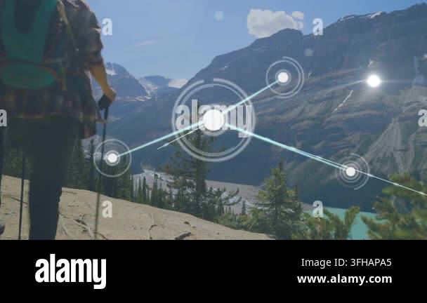 Network of connections and data processing animation over hikers in ...