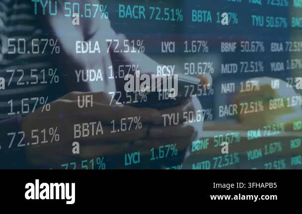 Animation of stock market data processing over mid section of man using ...