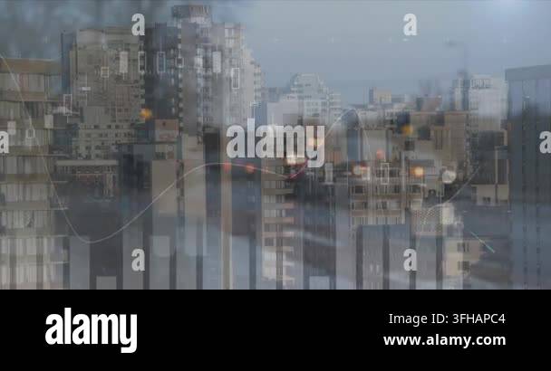 Animation of financial data processing over cityscape. global finances ...