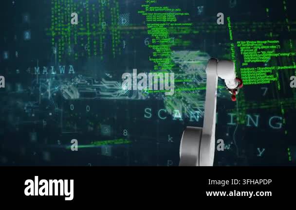 Animation of robotic hand with question mark over data processing on ...