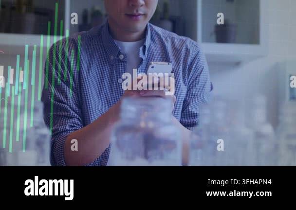 Man tapping white phone at table and initiating waveform overlay ...
