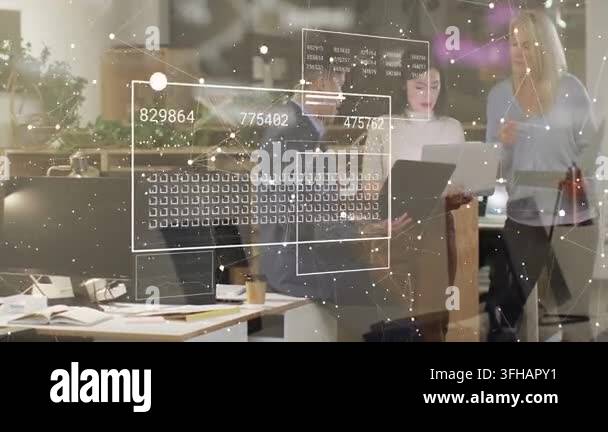 Man leaning into laptop, woman holding screen, team analyzing tech data ...