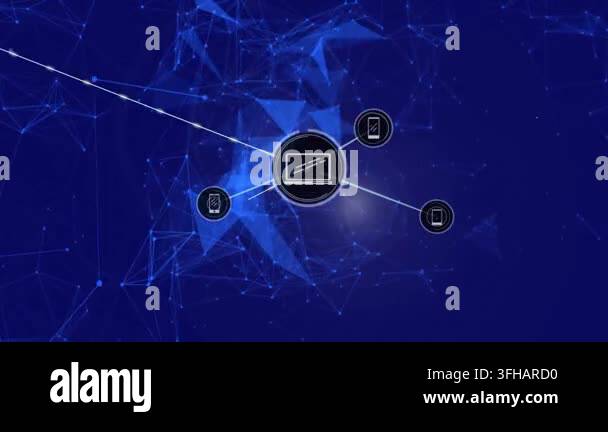 Network of connected devices and data transfer animation over blue ...