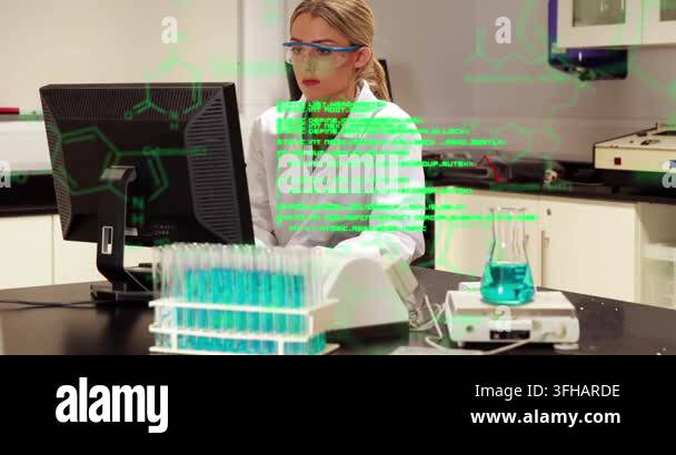 Animation of scientific data processing over caucasian female lab ...