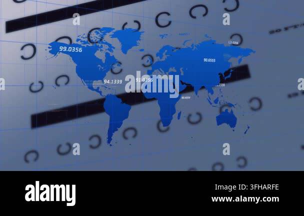 Animation of multiple numbers floating over world map against data ...