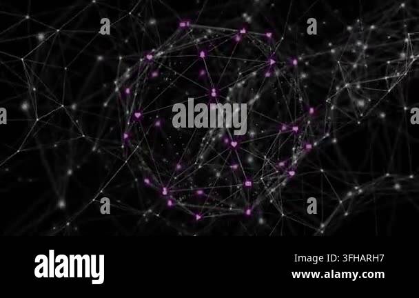 Network of connections and data processing animation over abstract dark ...