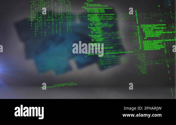 Animation of data processing with glowing light on blue background ...