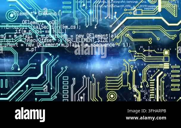 Animation of integrated circuit over data processing and globe on navy ...