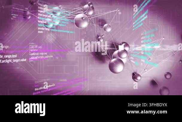 Code snippets appearing, metallic spheres forming networks while camera ...