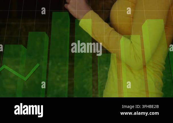 Woman lifting phone, tapping screen and activating green bar and line ...
