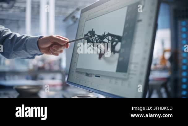 Engineer Pointing Stylus at 3D Vehicle Chassis CAD Model on Computer ...