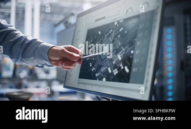 Engineer Pointing Stylus at AI Processor Chip Model on Monitor Screen ...