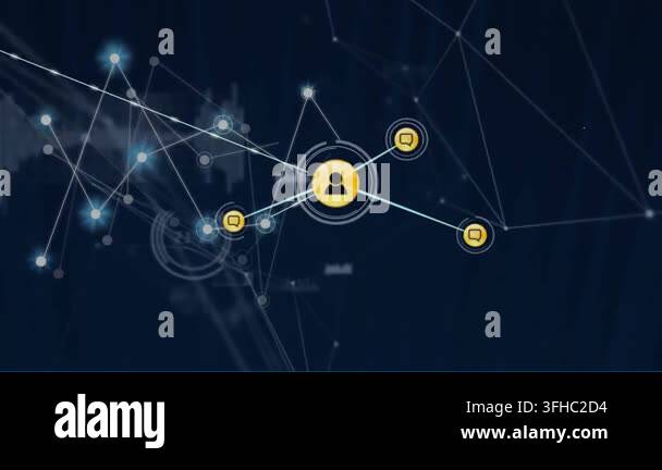 Animation of network of connections with icons over black background ...