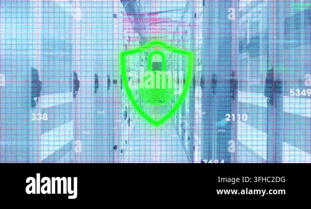 Animation of security padlock icon and data processing against computer ...