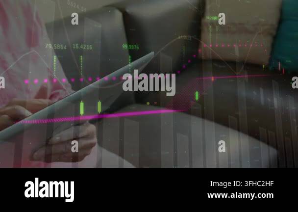 Animation of data processing over man using smartphone. Global business ...