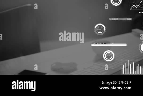 Animation of interface with data processing against office desk ...