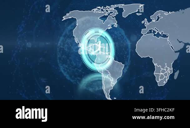 Animation of globe, world map, clock and connections over navy ...