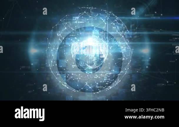 Animation of globe of connections over data processing on black ...