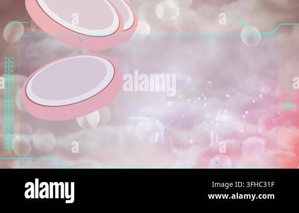 Animation of data processing over pink and white discs on cloudy pink ...