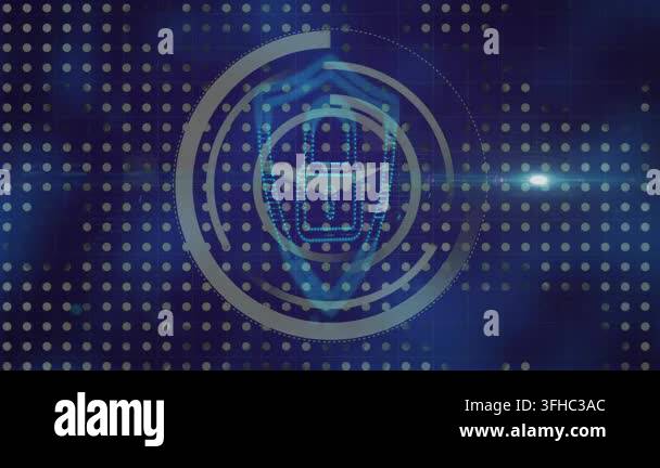 Animation of navy digital screen with processing circle and digital ...