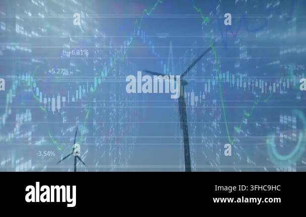 Animation of financial data processing over wind turbine. Global ...