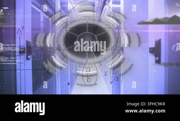 Animation of processing circle and math formulas over servers. Data ...