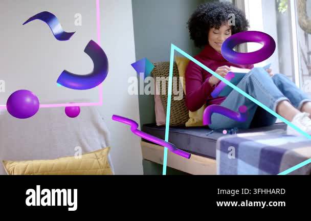 woman-tapping-tablet-and-shifting-on-bench-initiating-purple-3d-shapes