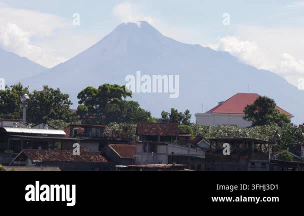 Morning Rural Vector Majestic volcano peak rising above rural city buildings and residential ...