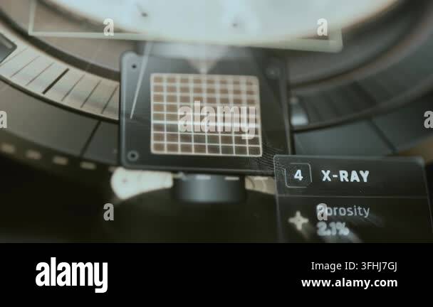 Across a mechanical inspection display, an X-ray scan labels porosity ...