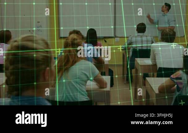 Glanicing Teacher writing in class while student raising hand for help, teacher ...