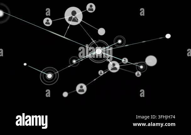 Orbiting dot appearing at central hub, cluster expanding, lines linking ...