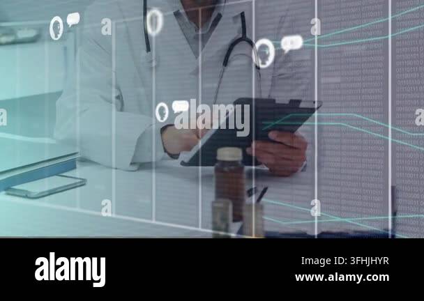 Physician tapping tablet and initiating AI chat-bubbles and data grid ...