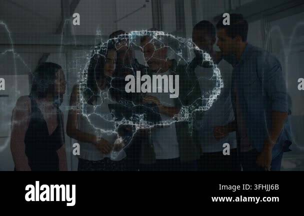 Lead presenter holding tablet, gesturing, team viewing holographic ...