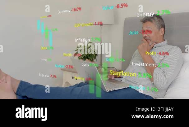 Man lounging on couch using laptop, activating animated charts updating ...