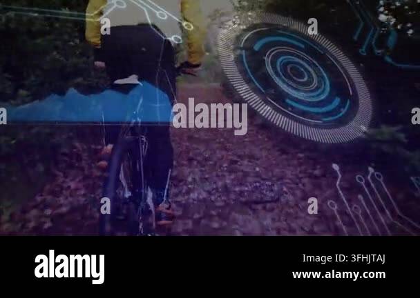 Cyclist pedaling along leaf trail, HUD rotating and updating fitness ...