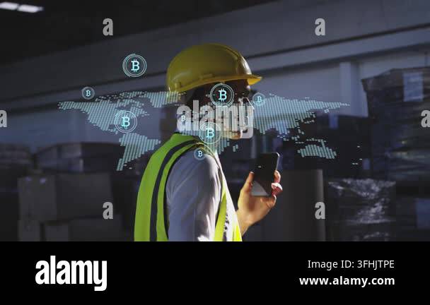 Glanicing Warehouse worker walking, glancing at phone and initiating Bitcoin map ...