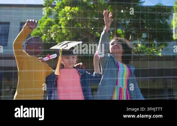Left boy lifting cap to center girl, peers tossing cap while marking ...