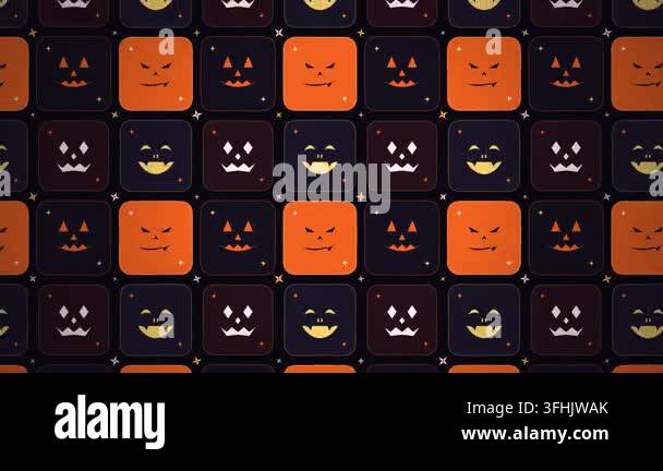 Grid of animated orange and black pixel pumpkin faces flickering. Dark ...