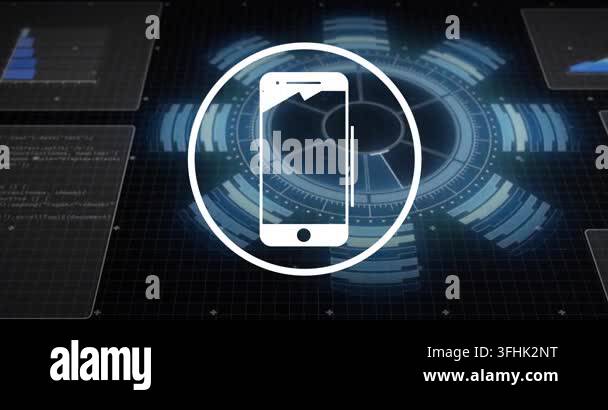 Smartphone icon over futuristic digital interface with data charts ...