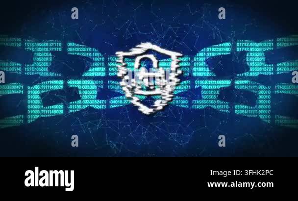 Animation of padlock in shield, numbers forming blockchain and ...