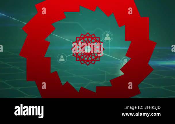 Animation of mandala pattern, profile icons connected with lines, lens ...