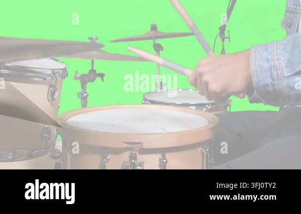 Drummer striking sticks, creating animated beat waves from hits on ...