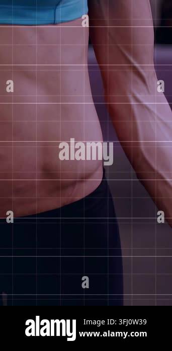 Female fitness athlete gripping dumbbell and lifting in gym, grid chart ...