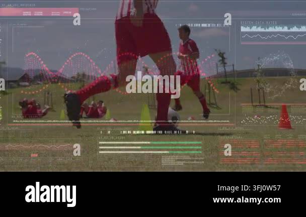 Foreground player touching ball to start sports drill, HUD tracking ...