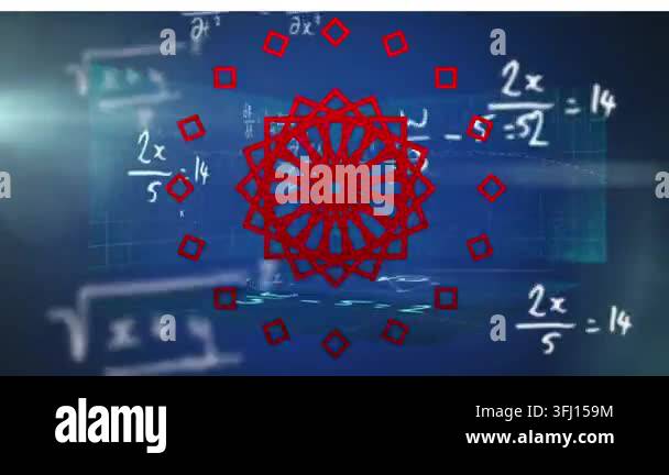 Animation of red shapes over navy background with screens and math ...