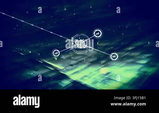 Network of interconnected icons and data processing animation over ...