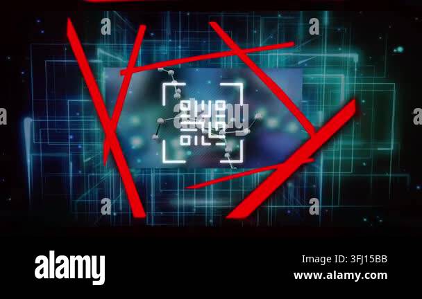 Digital animation of abstract shapes over neon blue like icon on round ...