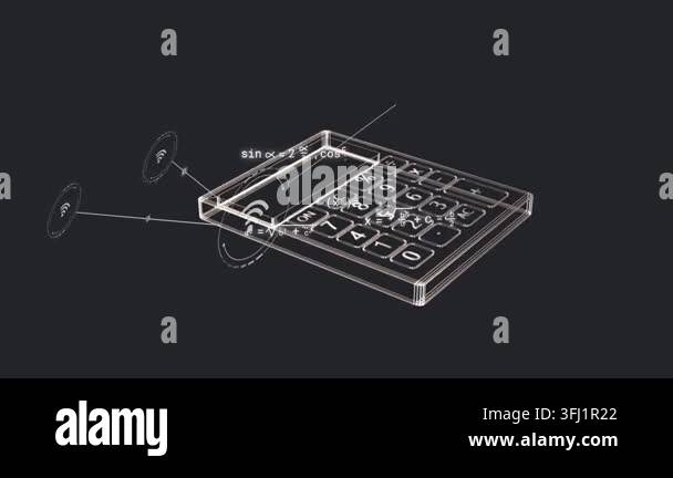 On load clear 3D calculator rotating, WiFi nodes emerging, formulas ...