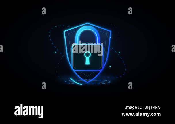 Glowing digital padlock inside protective shield animation representing ...